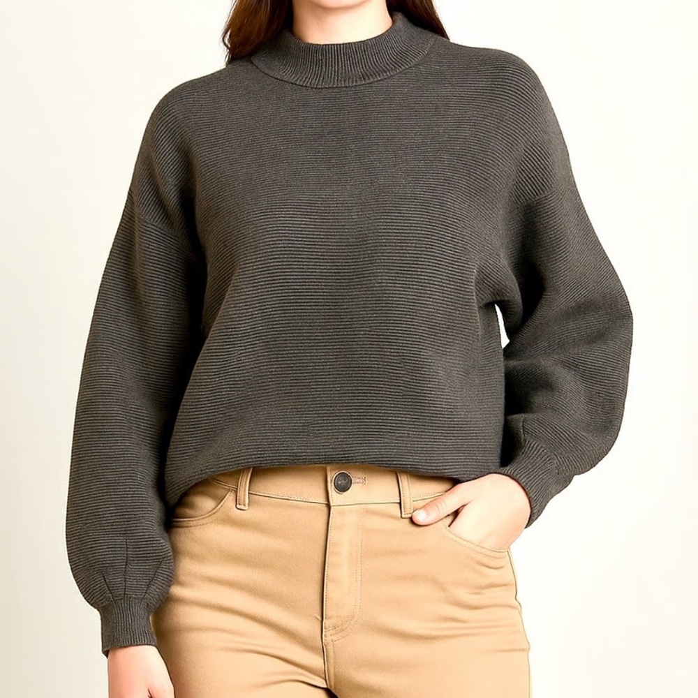 Modcloth gray Ribbed Mock Neck Sweater with Balloon Sleeves sz XL